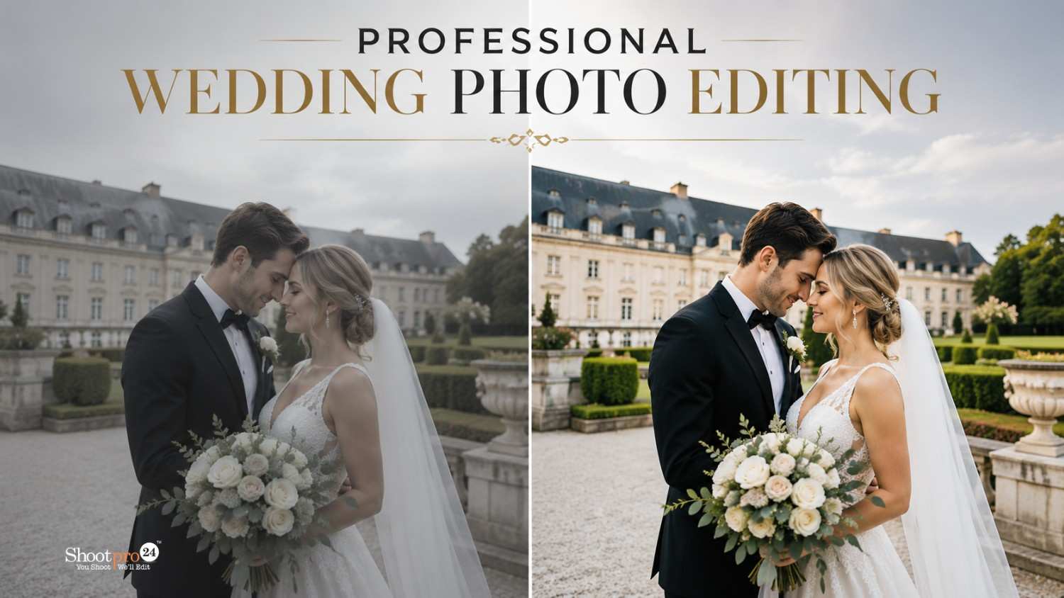 Professional wedding photo editing showing before and after color correction and retouching